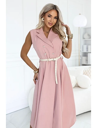596-6 Elegantní midi košile se zlatými knoflíky a páskem – pudrově růžová