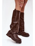 Zateplené kozačky s ohrnutým svrškem a přezkou čokoládové Fiorae