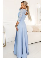 309-15 AMBER elegantní dlouhé krajkové šaty s výstřihem - modré