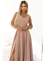 640-4 LORETTA jedinečné dlouhé šaty s tylovými rukávy a výstřihem - béžové