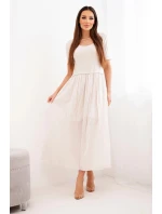 Dámské bavlněné midi šaty s krátkým rukávem a rozšířeným spodkem béžová
