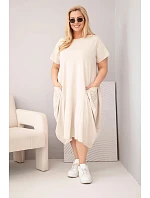 Dámské šaty Plus Size z bavlny s kapsami béžové