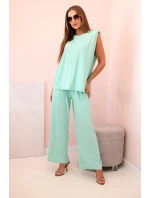 Dámský komplet z viskózy bez rukávů a rovnými kalhotami mátový