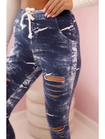 Dámské legíny z bavlny s džínovými roztrženinami modré