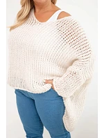 Dámský svetr oversized se vzorem a výstřihem do V a delším zadním dílem béžový