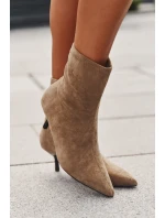 Zateplené dámské kotníkové boty na jehlovém podpatku eko semiš béžové Belisse
