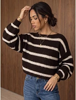 Dámský oversize svetr s pruhy a nastavitelným pasem, hnědý, FashionStreet MY2613 Dámský oversize svetr s pruhy a nastavitelným pasem, hnědý, FashionStreet MY2613