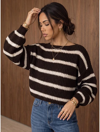 Dámský oversize svetr s pruhy a nastavitelným pasem, hnědý, FashionStreet MY2613 Dámský oversize svetr s pruhy a nastavitelným pasem, hnědý, FashionStreet MY2613