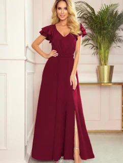 LIDIA - Dlouhé dámské šaty ve vínové bordó barvě s výstřihem a volánky 310-5