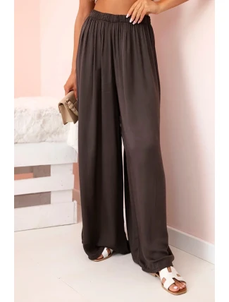 Široké dámské viskózové kalhoty s elastickým pasem hnědá