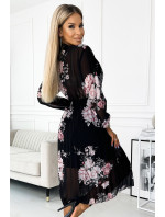CARLA - Dámské plisované midi šaty s knoflíčky, dlouhým rukávy a se vzorem růží na černém pozadí 449-3
