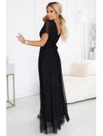 635-2 MELANIA dlouhé lesklé šaty s výstřihem a krátkými rukávy - černé 635-2 MELANIA dlouhé lesklé šaty s výstřihem a krátkými rukávy - černé