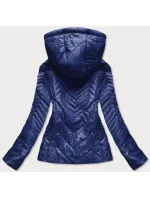 Tmavě modrá krátká dámská prošívaná bunda s kapucí (B9566)