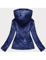 Tmavě modrá krátká dámská prošívaná bunda s kapucí (B9566)