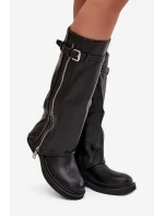 Dámské kozačky s obráceným límcem sponou a stříbrným zipem vyhřívané černé Bressa