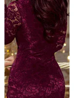 Dámské krajkové šaty v tmavě švestkové barvě s dlouhými rukávy a výstřihem 170-10 Dámské krajkové šaty v tmavě švestkové barvě s dlouhými rukávy a výstřihem 170-10