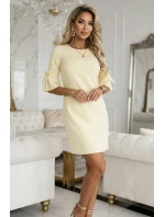 217-12 NEVA Dámské trapézové šaty s vázáním na rukávech - pastelově žluté 217-12 NEVA Dámské trapézové šaty s vázáním na rukávech - pastelově žluté