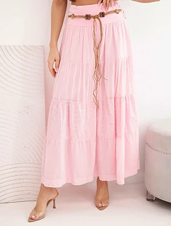 Dámská maxi bavlněná sukně s ažurovou výšivkou a elastickým pasem cukrově růžová