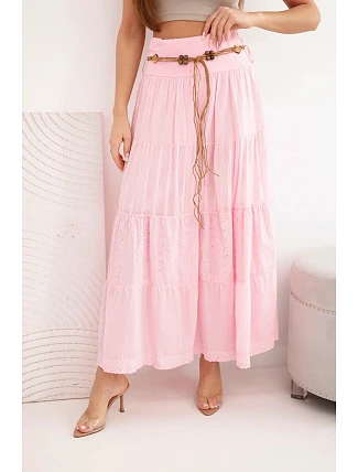 Dámská maxi bavlněná sukně s ažurovou výšivkou a elastickým pasem cukrově růžová Dámská maxi bavlněná sukně s ažurovou výšivkou a elastickým pasem cukrově růžová