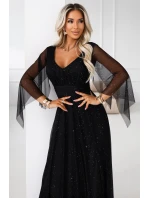 655-1 Dlouhé lehké třpytivé šaty s výstřihem a průhlednými rukávy - černé 655-1 Dlouhé lehké třpytivé šaty s výstřihem a průhlednými rukávy - černé