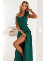 643-1 Elegantní večerní maxi šaty s rozparkem a růžemi - lahvově zelené 643-1 Elegantní večerní maxi šaty s rozparkem a růžemi - lahvově zelené