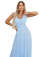 637-6 Večerní dlouhé šaty s brokátovým akcentem a hlubokým výstřihem - modré