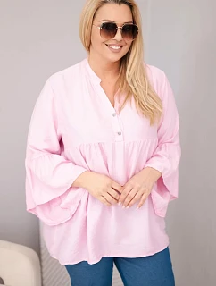 Dámská viskózová halenka Plus Size s volánovým rukávem a výstřihem do V cukrově růžová