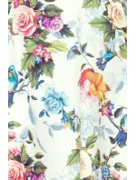 Dámské maxi šaty s volánkem, výstřihem a se vzorem barevných růží a světle modrých ptáčků model 7404387 Dámské maxi šaty s volánkem, výstřihem a se vzorem barevných růží a světle modrých ptáčků model 7404387