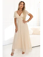 635-9 MELANIA dlouhé třpytivé svatební šaty s výstřihem a krátkými rukávy - béžové