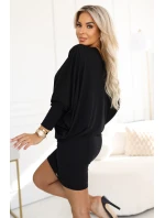 402-10 Pohodlné netopýří šaty s dlouhým rukávem - černé
