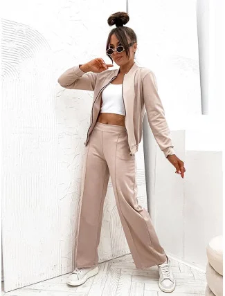 Světle béžový dámský komplet - mikina bomberka a široké kalhoty (82105) Světle béžový dámský komplet - mikina bomberka a široké kalhoty (82105)