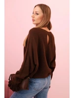 Svetr dámský z mohéru s nařasenými rukávy a výstřihem na zádech hnědý Svetr dámský z mohéru s nařasenými rukávy a výstřihem na zádech hnědý