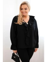 Dámská viskózová blůza Plus Size s volánem a ozdobnou broží černá