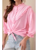 Dámská bavlněná košile s krajkou a vázáním světle růžová
