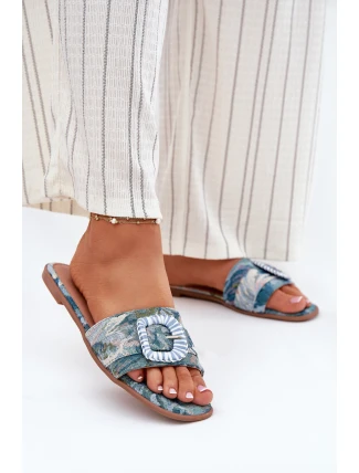 Ploché Dámské Pantofle S Ozdobnou Sponou Modré Clariola