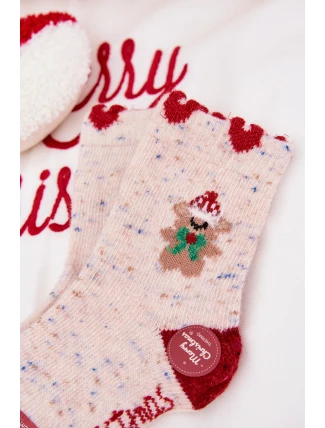 Dětské vánoční ponožky s medvídkem a srdíčky z alpaka vlny – béžové