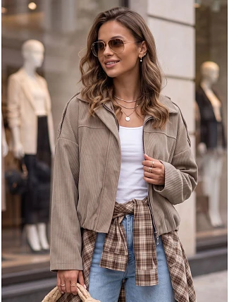 Dámská krátká béžová kordová bunda FashionStreet TY6020 Dámská krátká béžová kordová bunda FashionStreet TY6020