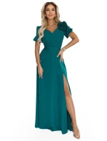 653-1 Elegantní dlouhé šaty s růží, páskem a vysokým rozparkem - lahvově zelené