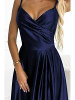 299-12 CHIARA elegantní maxi dlouhé saténové šaty bez ramínek - ZELENÉ