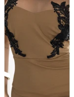 617-1 Dlouhé šaty ve tvaru mořské panny s černou krajkou a síťovinou - MOCHA MOUSSE 617-1 Dlouhé šaty ve tvaru mořské panny s černou krajkou a síťovinou - MOCHA MOUSSE