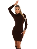 652-2 Elegantní vypasované svetrové šaty s rolákem, které krásně zvýrazňují postavu - čokoládová barva