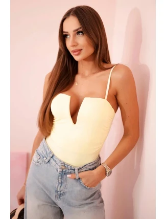 Dámská halenka s body bez ramínek, volánky a výstřihem do V žlutý Dámská halenka s body bez ramínek, volánky a výstřihem do V žlutý