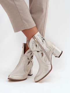 Kožené Prolamované Dámské Kotníkové Boty Na Podpatku Zazoo 3647 Zlatý Opotřebovaný