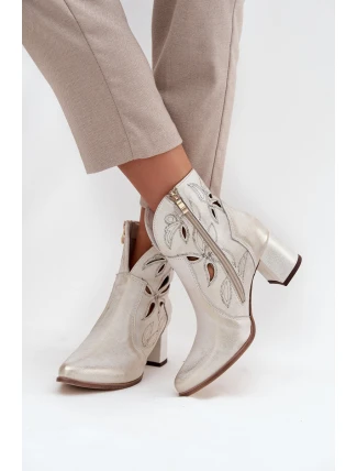 Kožené Prolamované Dámské Kotníkové Boty Na Podpatku Zazoo 3647 Zlatý Opotřebovaný