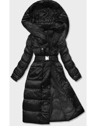 Dlouhá černá dámská bunda s opaskem (AG1-J9090)