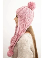 Dámská zimní čepice z vlny s bambulemi a prodlouženými boky K448 růžová