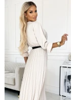 462-1 SERENA Plisované maxi šaty s výstřihem, páskem a 3/4 rukávy - BEACH 462-1 SERENA Plisované maxi šaty s výstřihem, páskem a 3/4 rukávy - BEACH