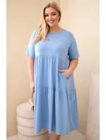 Dámské bavlněné šaty Plus Size s krátkým rukávem a volánem džínová