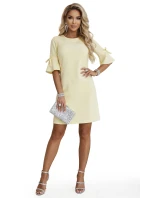 217-12 NEVA Dámské trapézové šaty s vázáním na rukávech - pastelově žluté 217-12 NEVA Dámské trapézové šaty s vázáním na rukávech - pastelově žluté