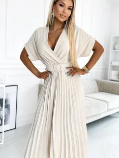 471-1 FELICIA Plisované midi šaty s výstřihem a širokým páskem - BEACH